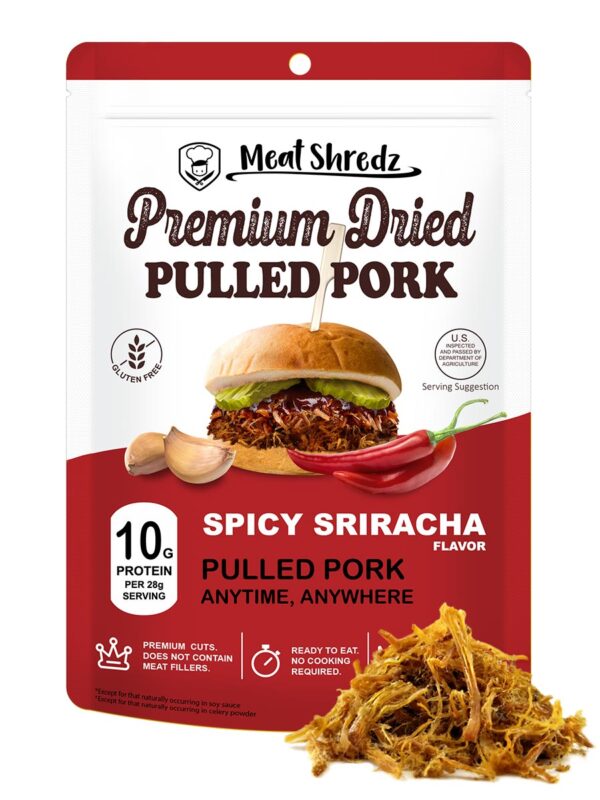meat shredz spicy sriracha front shredded jerky snack