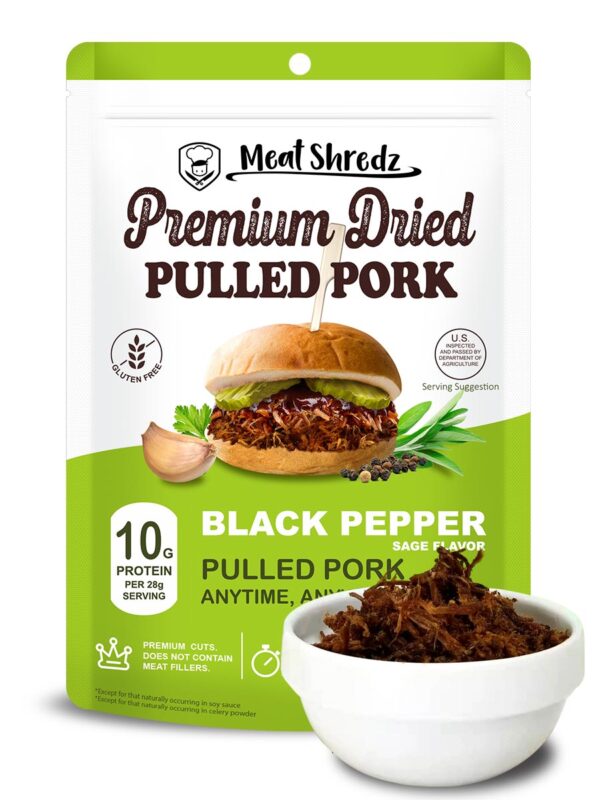meat shredz black pepper front shredded jerky snack