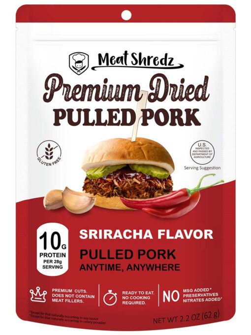 meat shredz spicy sriracha front shredded jerky snack dehydrated backpack food hiking freeze dried